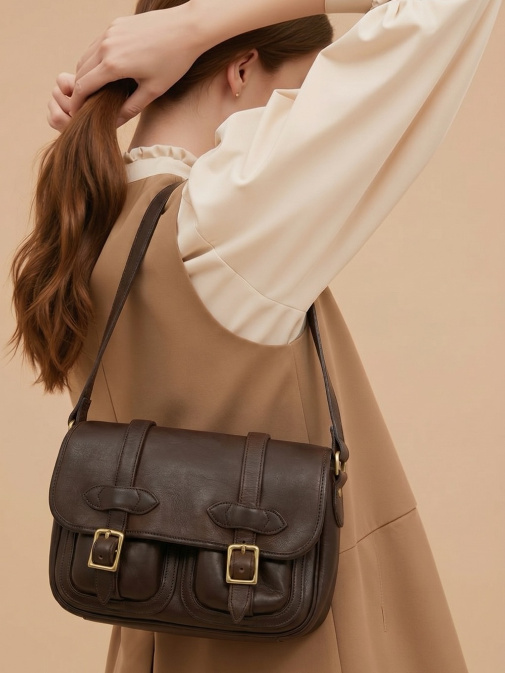 Vintage Rare Dooney & Bourke Double Pocket Courier Shoulder Bag Crossbody Brown